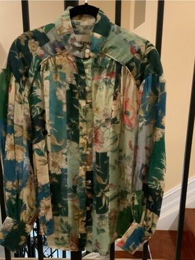 Alemais Floral Striped Silk Button-Up Blouse in Green and Teal